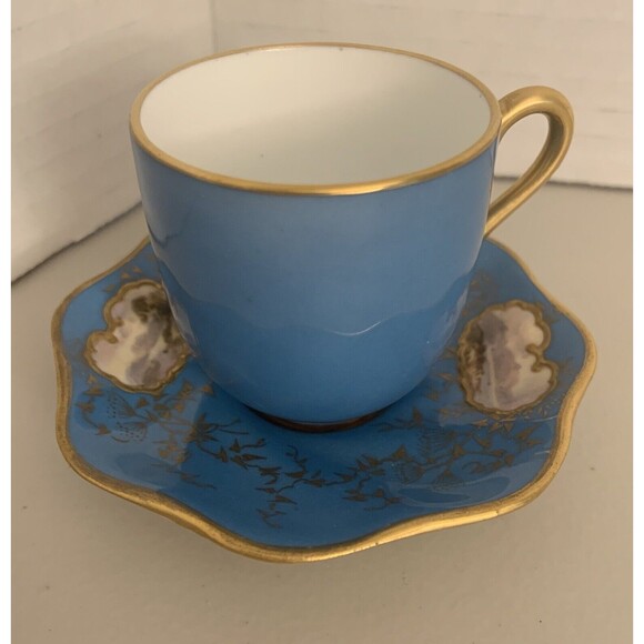 Antique Coalport Demitasse Cup & Saucer, Handpainted Mt/water Scene Gilded Gold - Picture 1 of 9